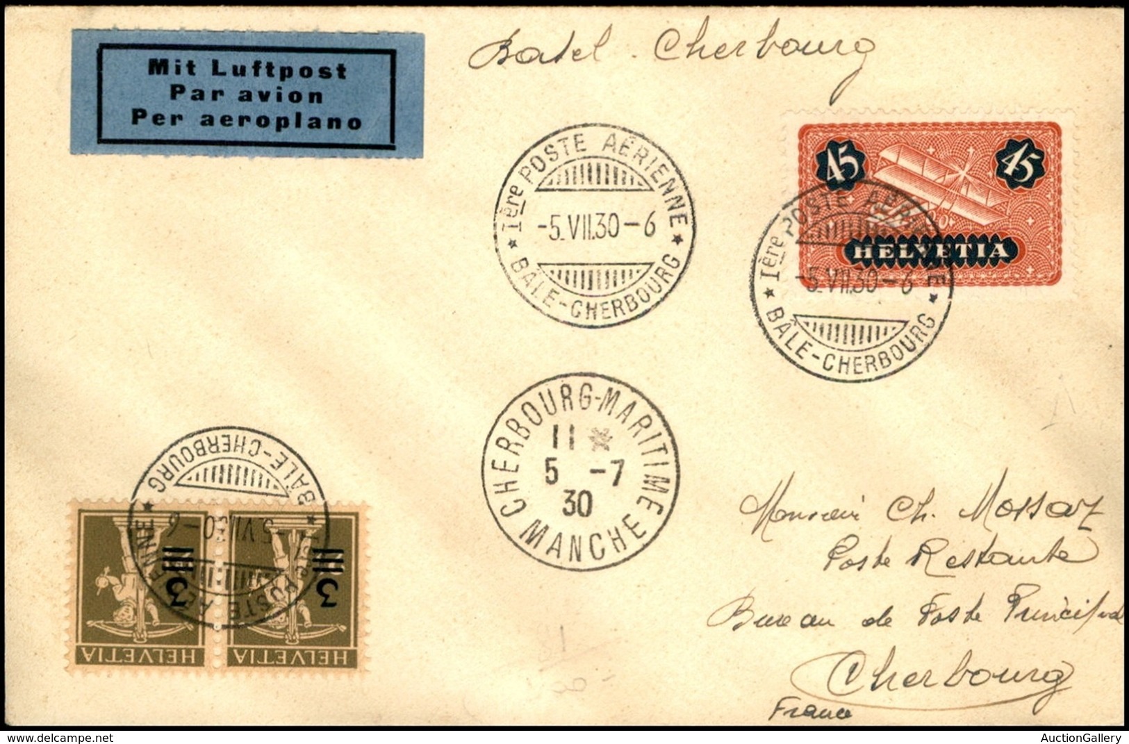 EUROPA - SVIZZERA - AEROGRAMMI - 1930 (5 Luglio) - Bale Cherbourg - Aerogramma Del Volo - Other & Unclassified