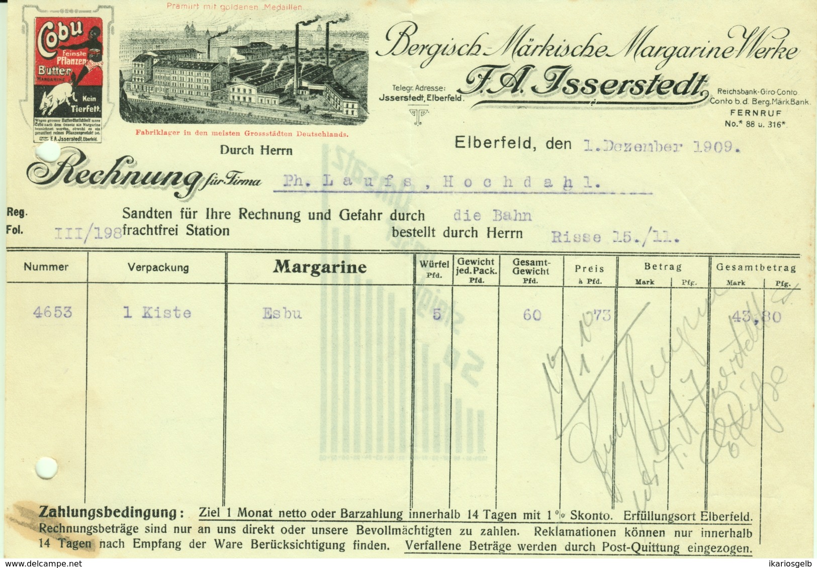 WUPPERTAL Elberfeld Rechnung 1909 Farbig Deko " F.A.Isserstedt - Bergisch Märkische Margarinefabrik " - Alimentos