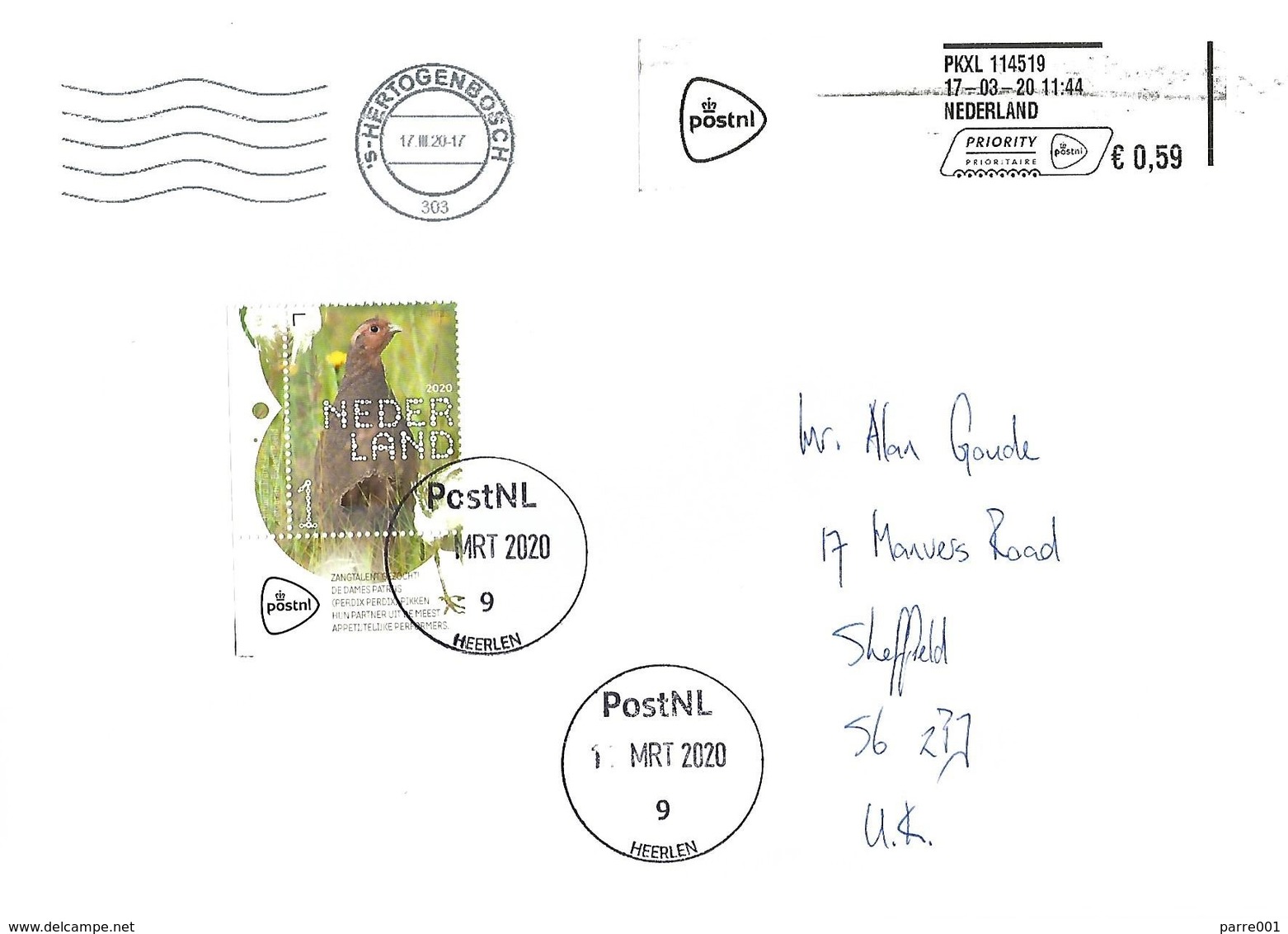 Netherlands 2020 Heerlen Grey Partridge Perdix Perdix Returned (retour) Cover. Corona Visus? - Grey Partridge