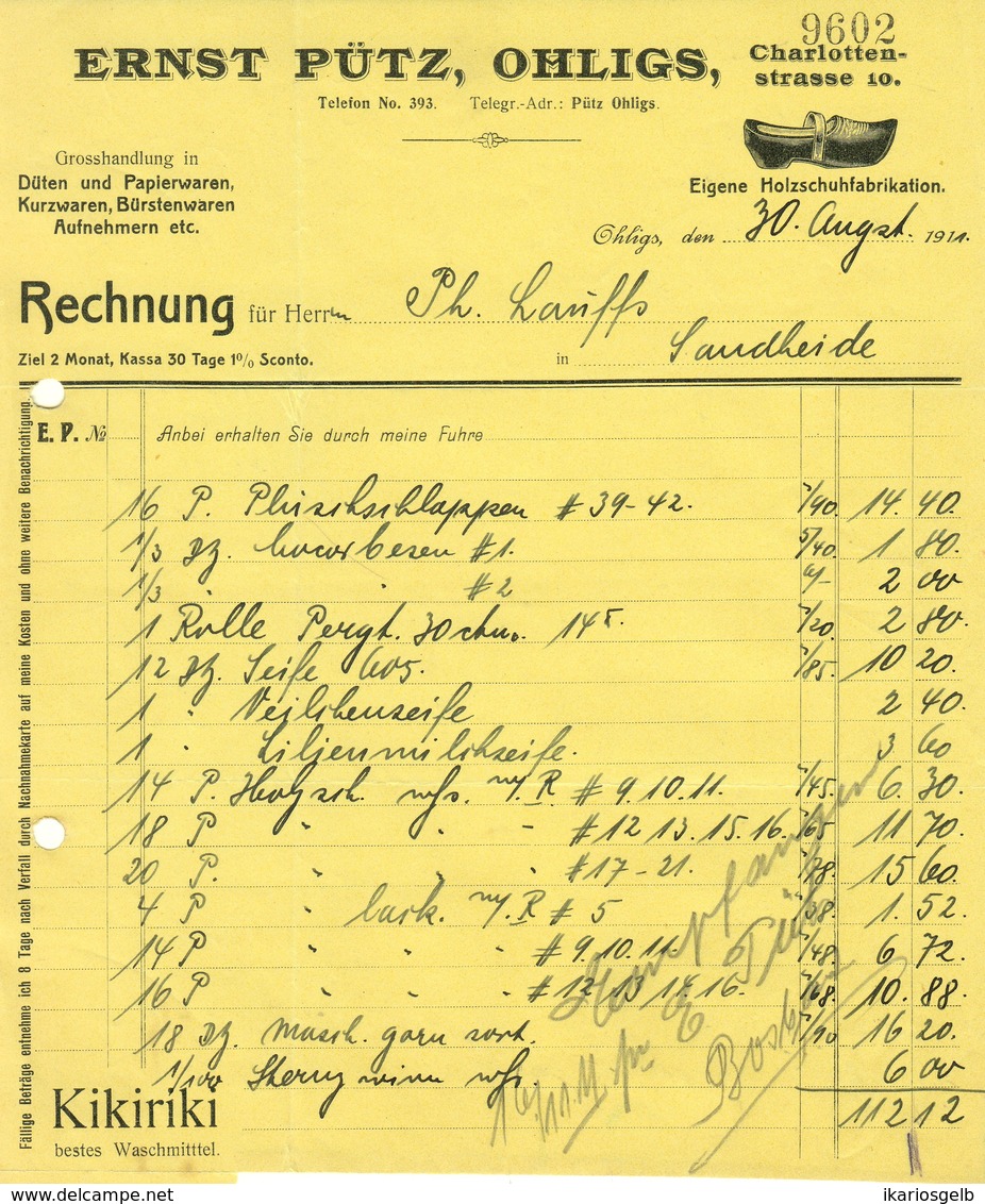 SOLINGEN Ohligs Rechnung 1911 Deko " Ernst Pütz Holzschuhfabrikation Papier Bürsten Kurzwaren Aufnehmer " - Textilos & Vestidos