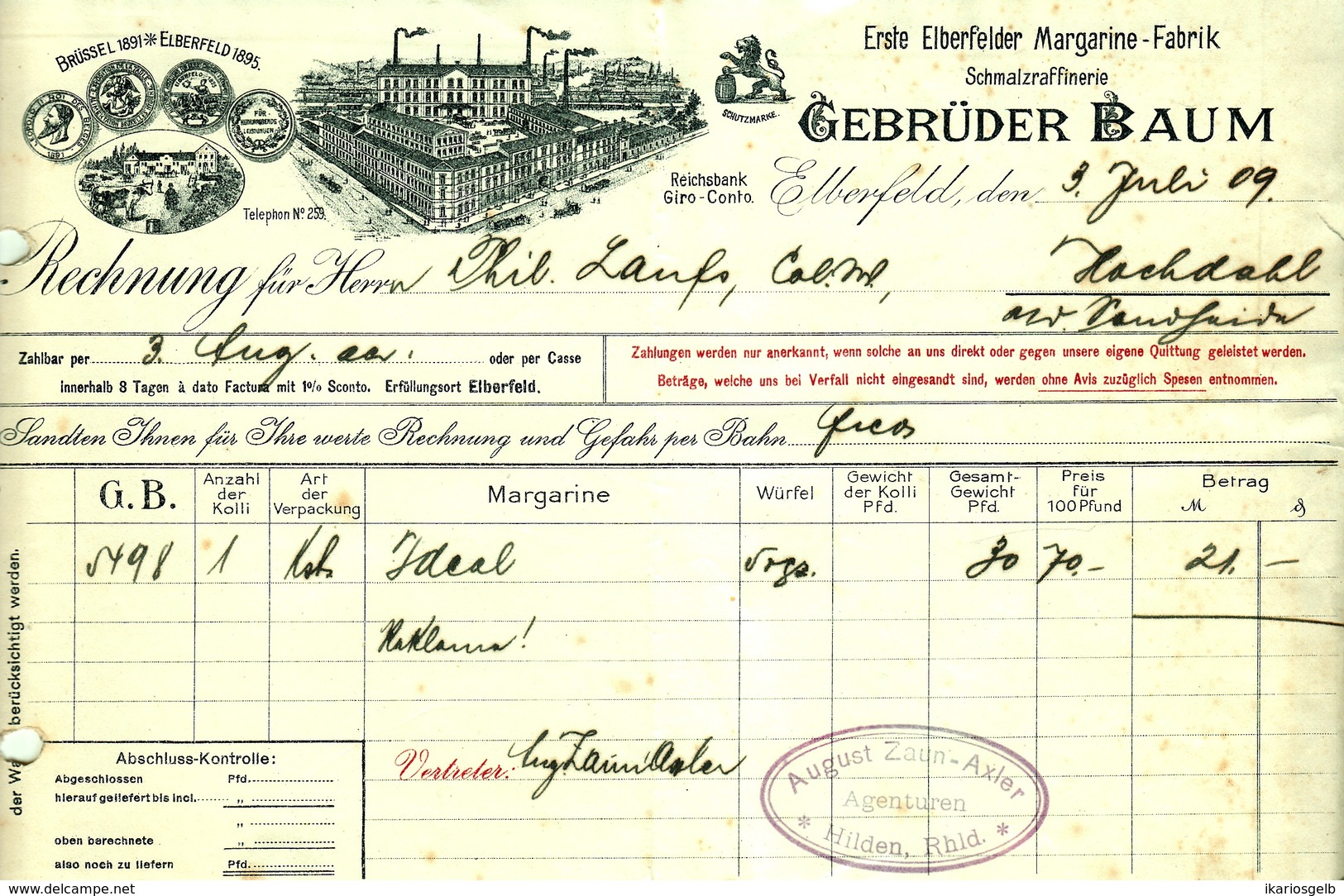 WUPPERTAL Elberfeld Rechnung 1909 Deko " Gebr.Baum Schmalzraffinerie U Margarinefabrik " - Lebensmittel