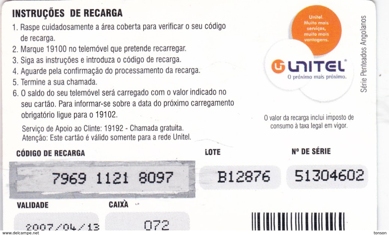 Angola, Unitel 125 UTT, Girl, 2 Scans.  Expiry : 2007/04/13 - Angola