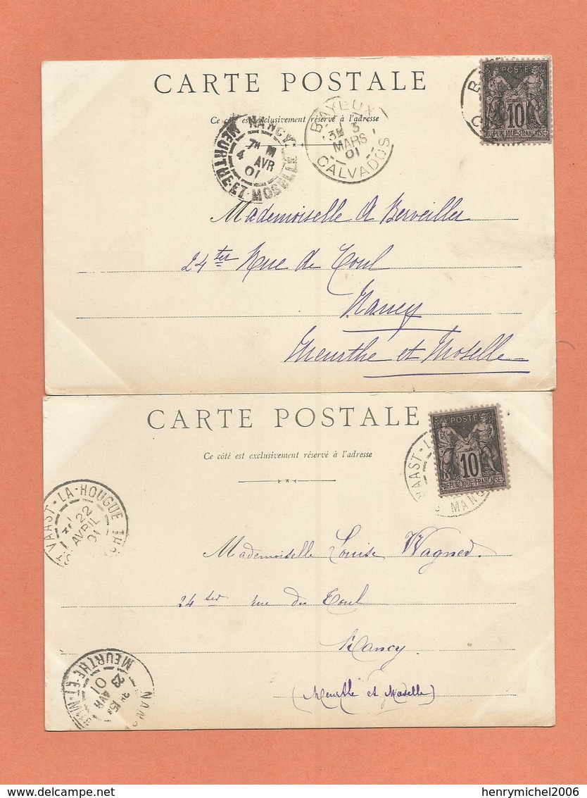 Marcophilie  Lot 2 Cpa Caen Cachet Bayeux Et St Vaast La Hougue 1901 Pour Nancy - 1877-1920: Semi-moderne Periode