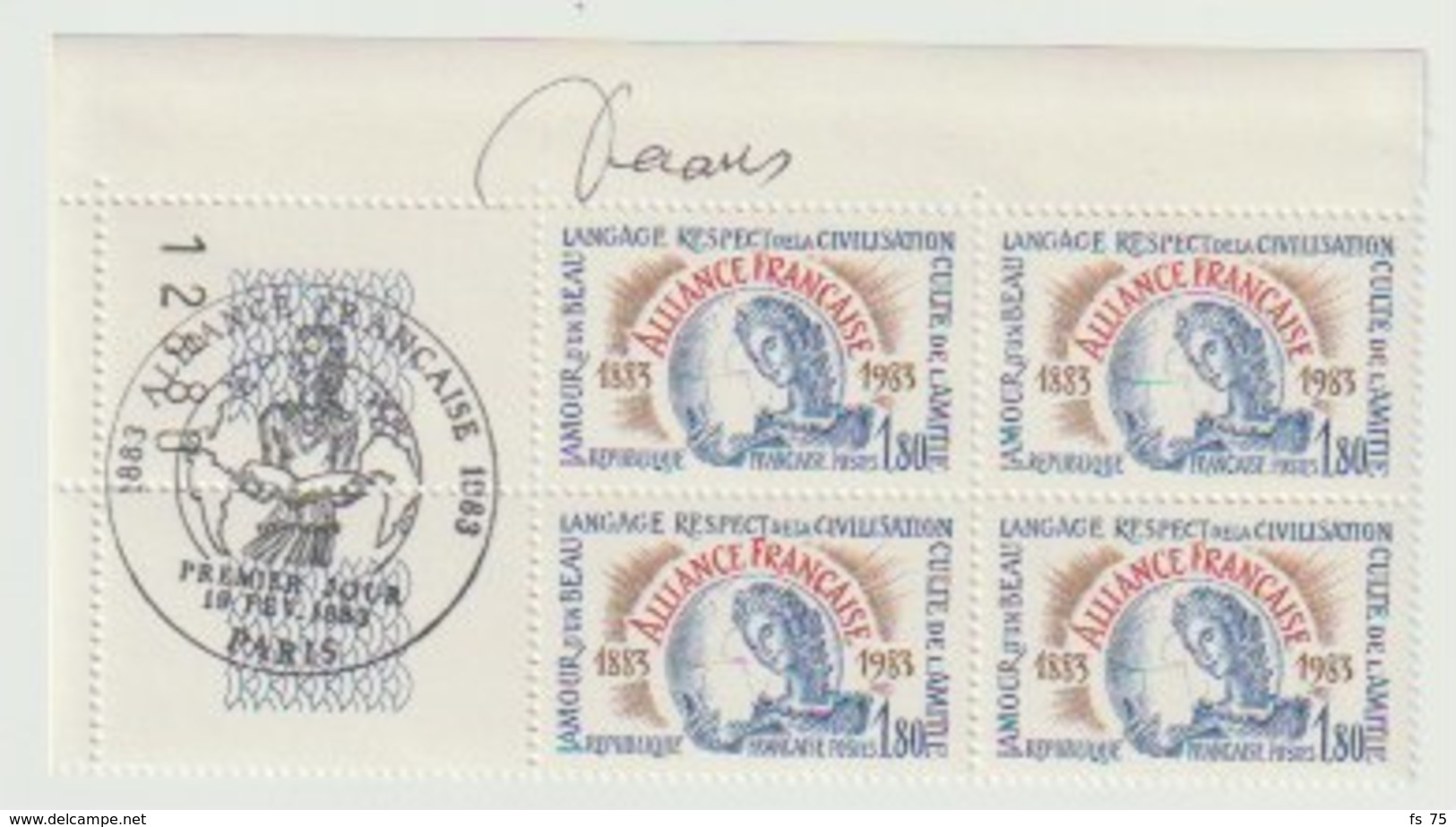 FRANCE - N°2257 - 1F80 - ALLIANCE FRANCAISE - BLOC DE 4 - SIGNE DECARIS - OBLITERATION PREMIER JOUR - 1980-1989