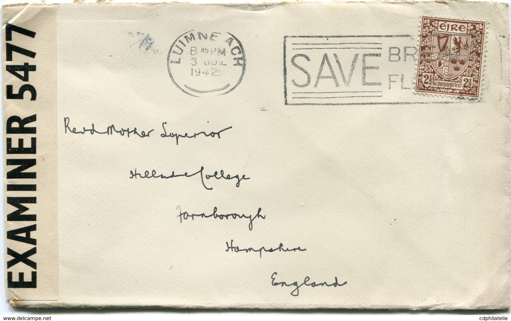 IRLANDE LETTRE CENSUREE DEPART LUIMNE ACH 3 JUIL 1942 POUR LA GRANDE-BRETAGNE - Storia Postale