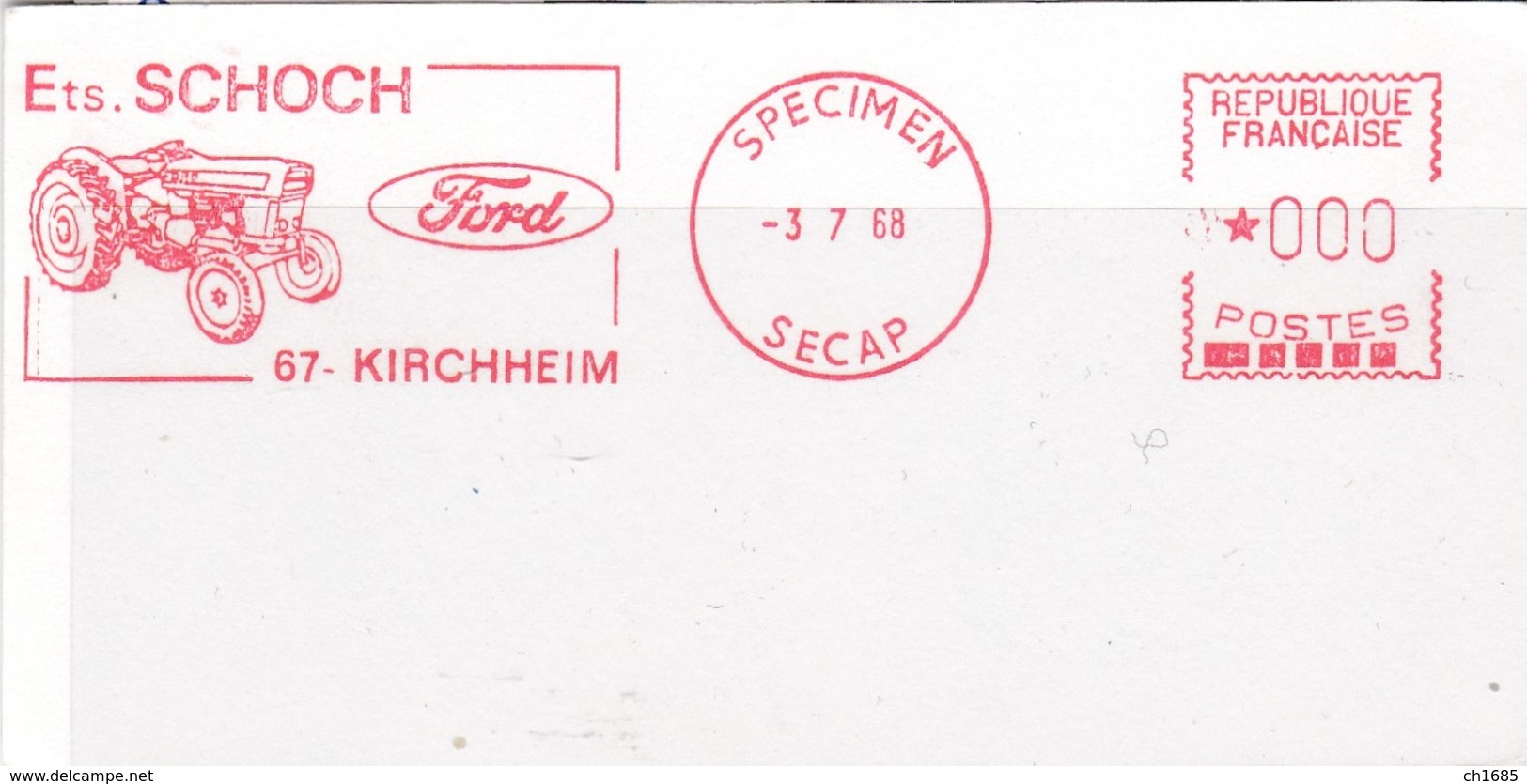 EMA  SPECIMEN SECAP   3-7-68  Kirchheim (67) Illustration Motoculteur Ford Format 6 X 12 - EMA (Printer Machine)