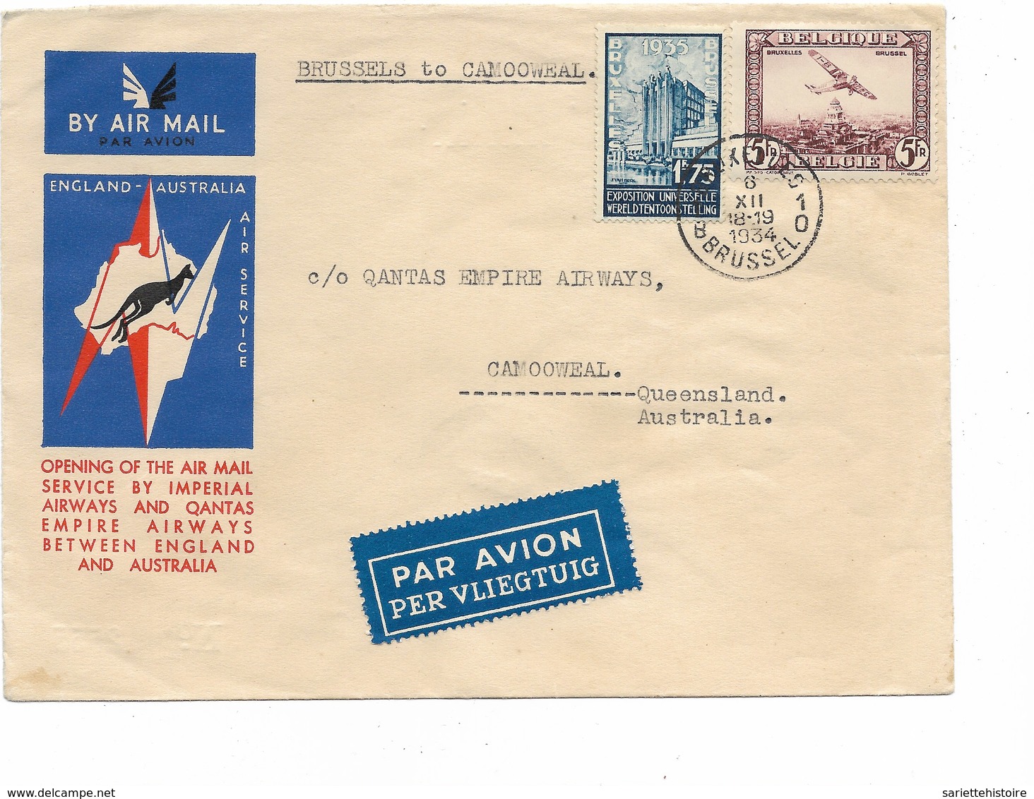 SH 0410. PA 4 + TP 389 BRUXELLES 6.XI.34 S/L. Imperial Airways England-Australia - BRUXELLES V. CAMOOWEAL. Vdb 162 - Lettres & Documents