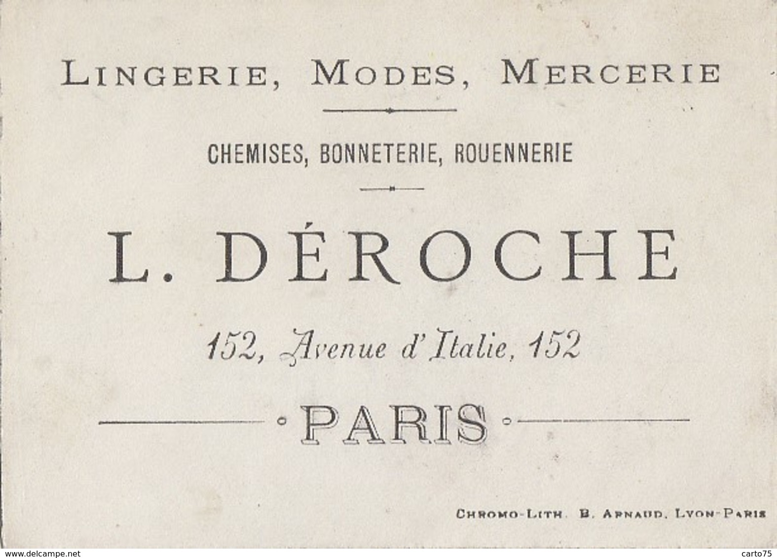 Commerce - Magasins - Lingerie Mode Déroche 152 Avenue D'Italie Paris - Chromo - Publicité Magasin - Negozi