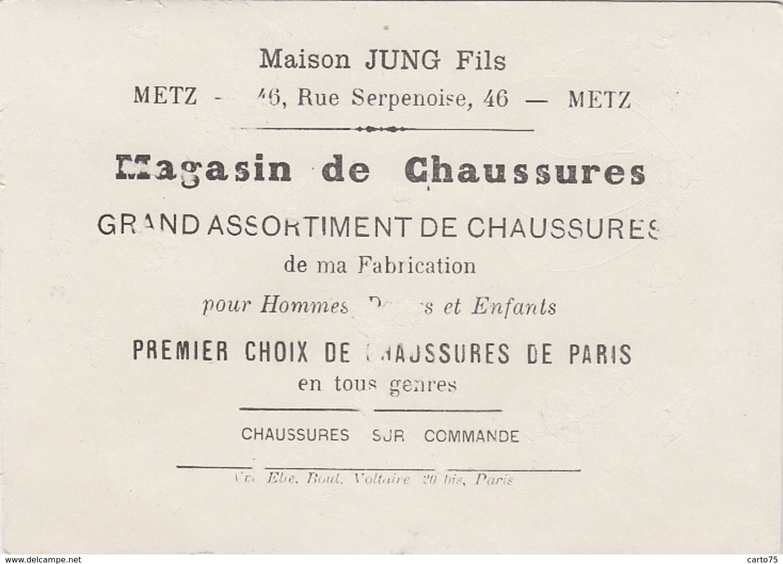 Commerce - Magasins Metz 57 - Chromo Oiseaux Angèle - Publicité Magasin Chaussures Maison Jung 46 Rue Serpenoise - Negozi