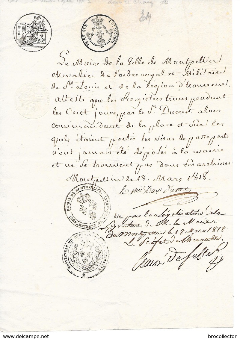 MONTPELLIER ( 34 ) - Acte Du 18 Mars 1818 - Cachets Généralité