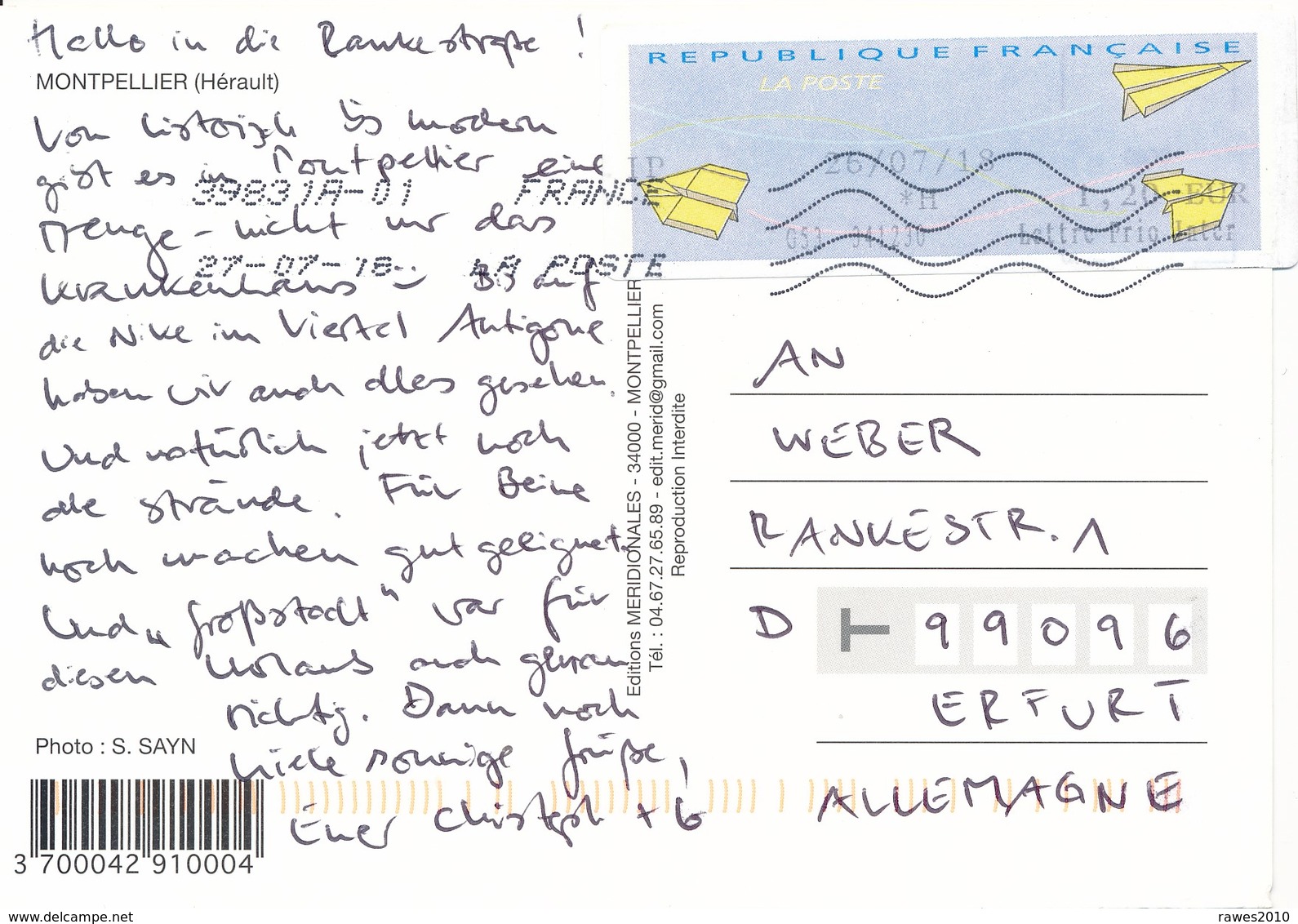 Frankreich Montpellier Schalterfreistempel 2018 Papierflieger Postkarte Nach Deutschland - 1961-....