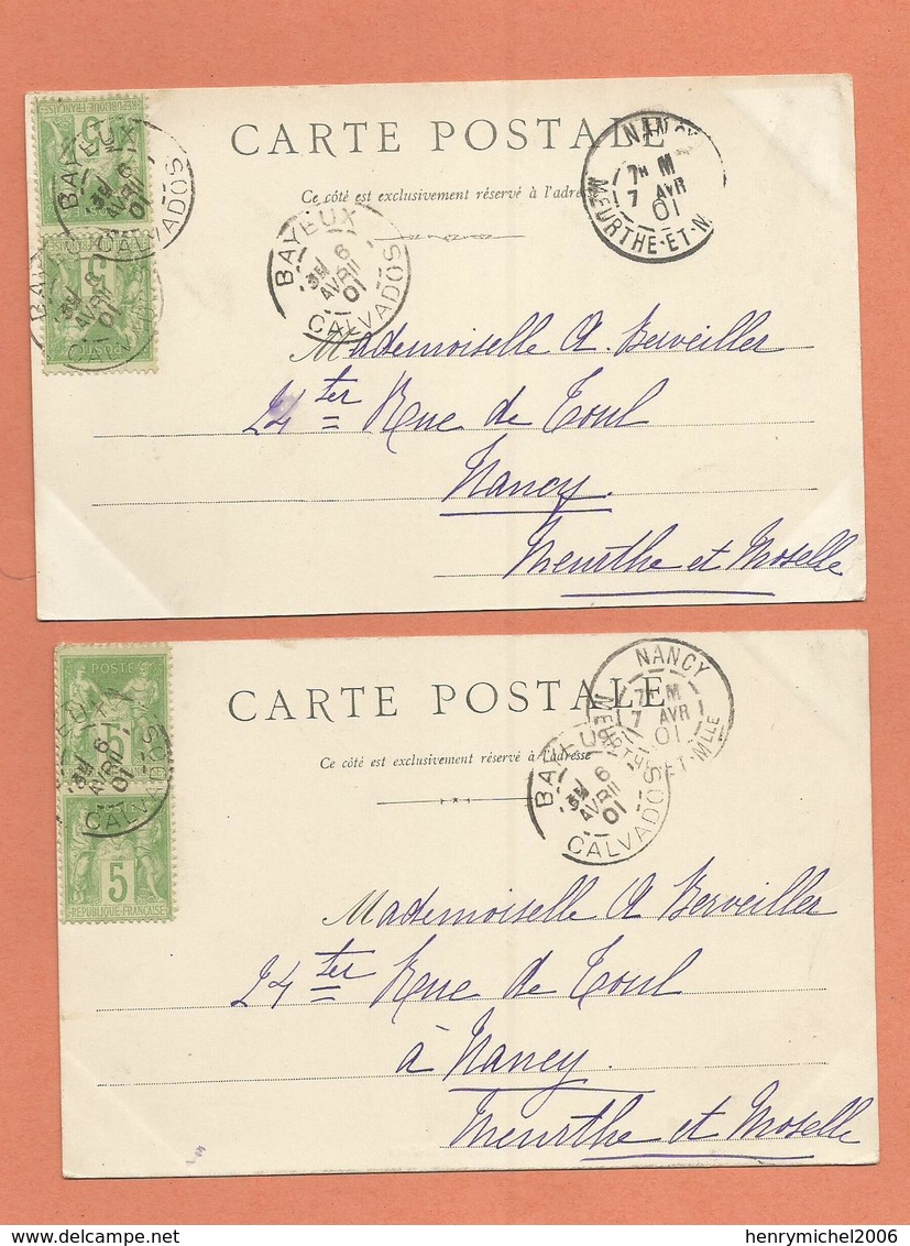 Marcophilie  Lot 2 Cpa Caen Cachet Bayeux 14 Calvados  1901 Pour Nancy - 1877-1920: Période Semi Moderne