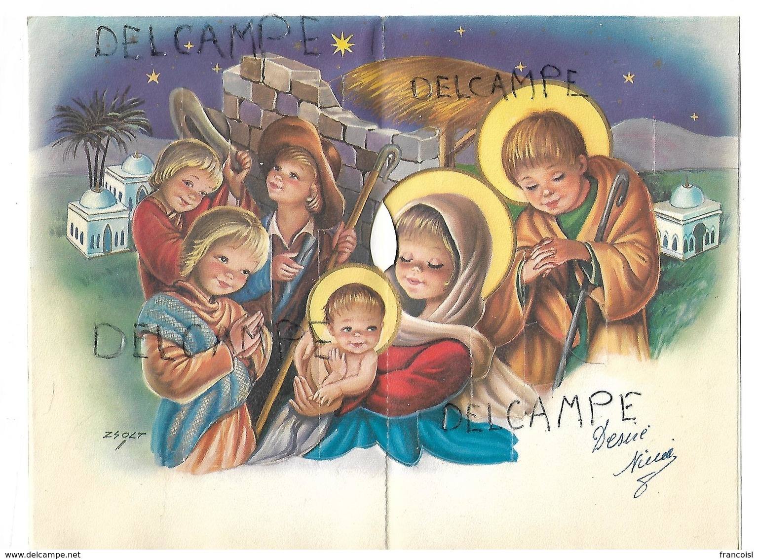 Pop Up Card. Cloche Et Village Sous La Neige. Sainte Famille à La Crèche. Signée Zsolt. - Autres & Non Classés