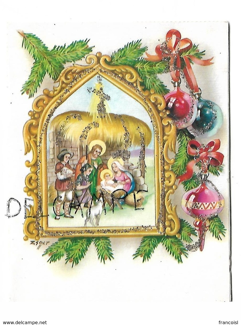 Pop Up Card. Sainte Famille à La Crèche Et Boules De Noël. Paillettes. Signée Zsolt. - Andere & Zonder Classificatie