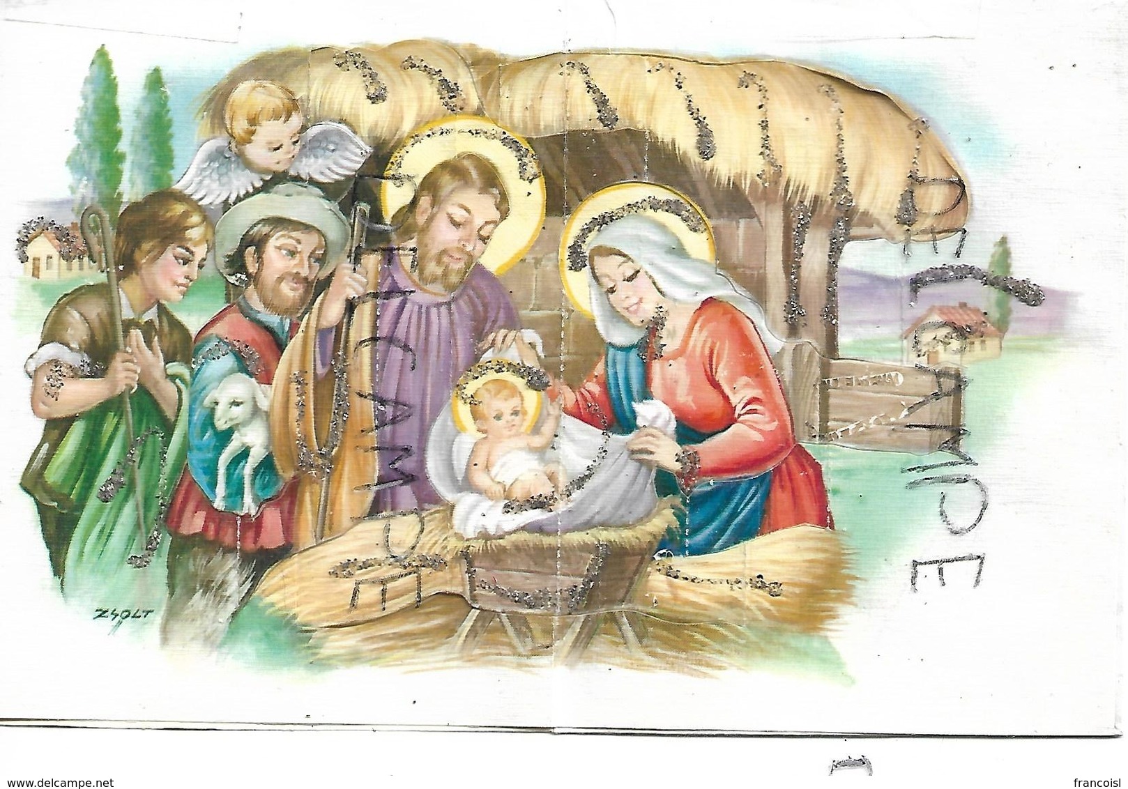 Pop Up Card. Sainte Famille à La Crèche Et Boules De Noël. Paillettes. Signée Zsolt. - Andere & Zonder Classificatie