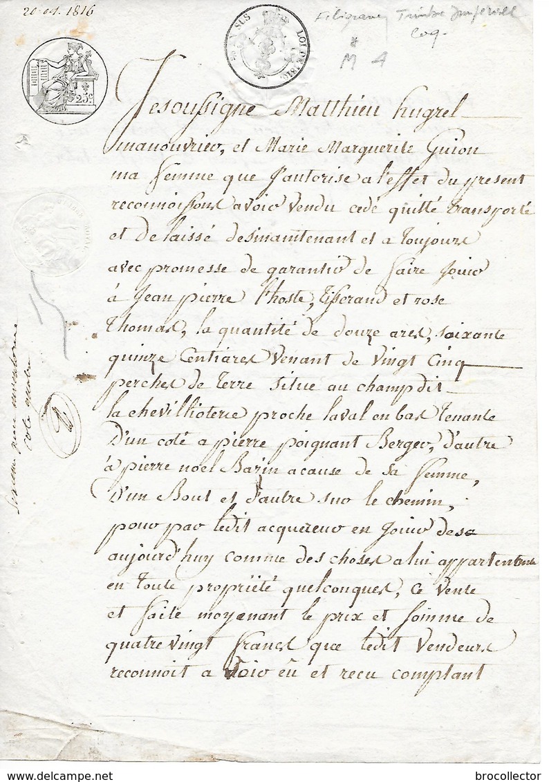 - Timbre De 25 Cts 2/5 Zn Sus  Acte De 1816 - Cachets Généralité