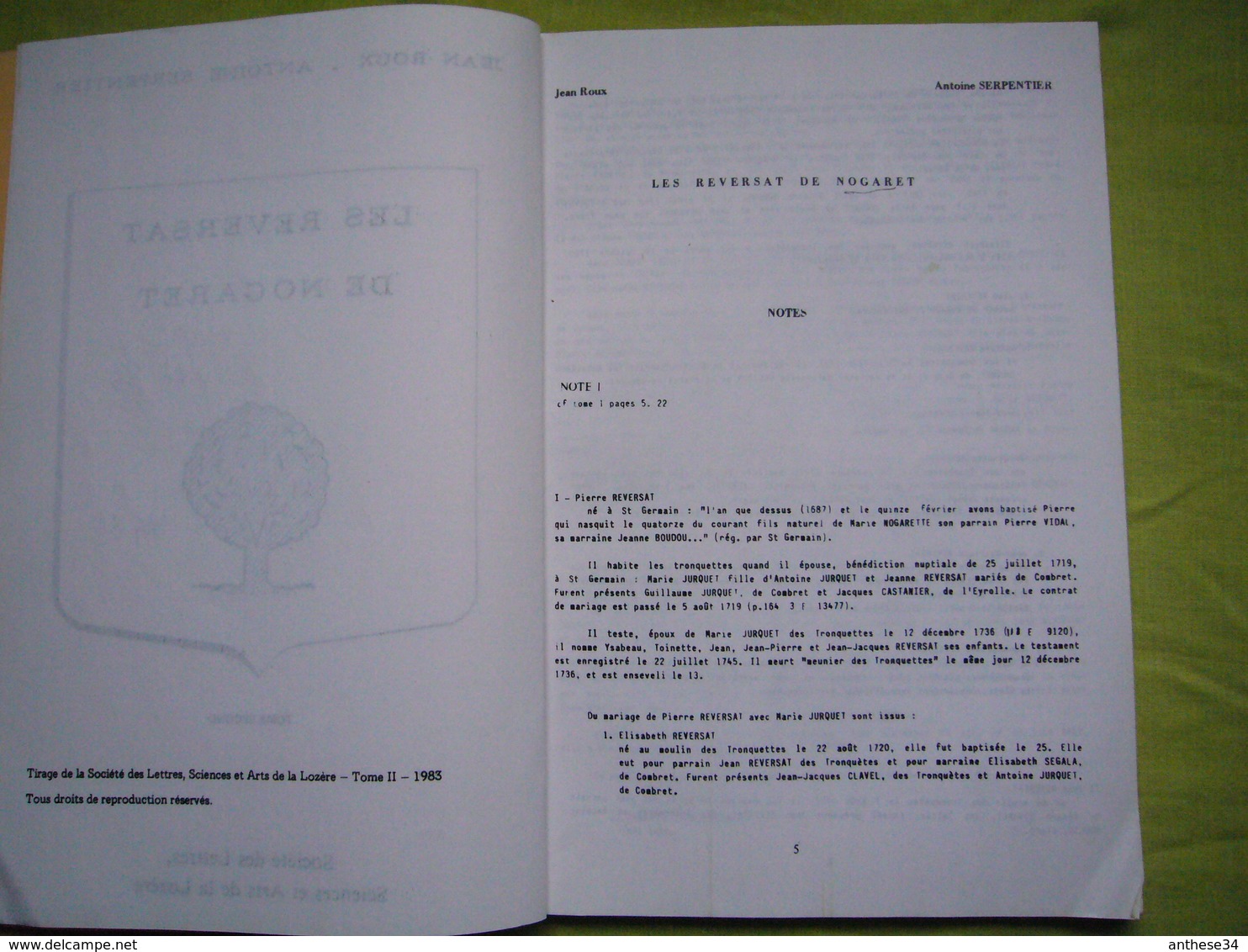 Tapuscrit en 2 volumes généalogie de la famille Reversat de Nogaret Lozère 250 pages