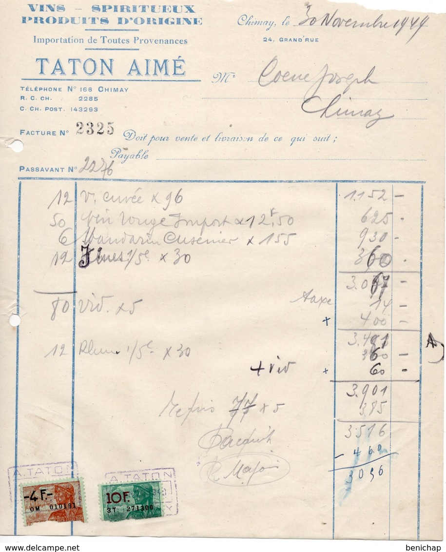 VINS - SPIRITUEUX - TATON AIME - CHIMAY - 30 NOVEMBRE 1949. - Automovilismo