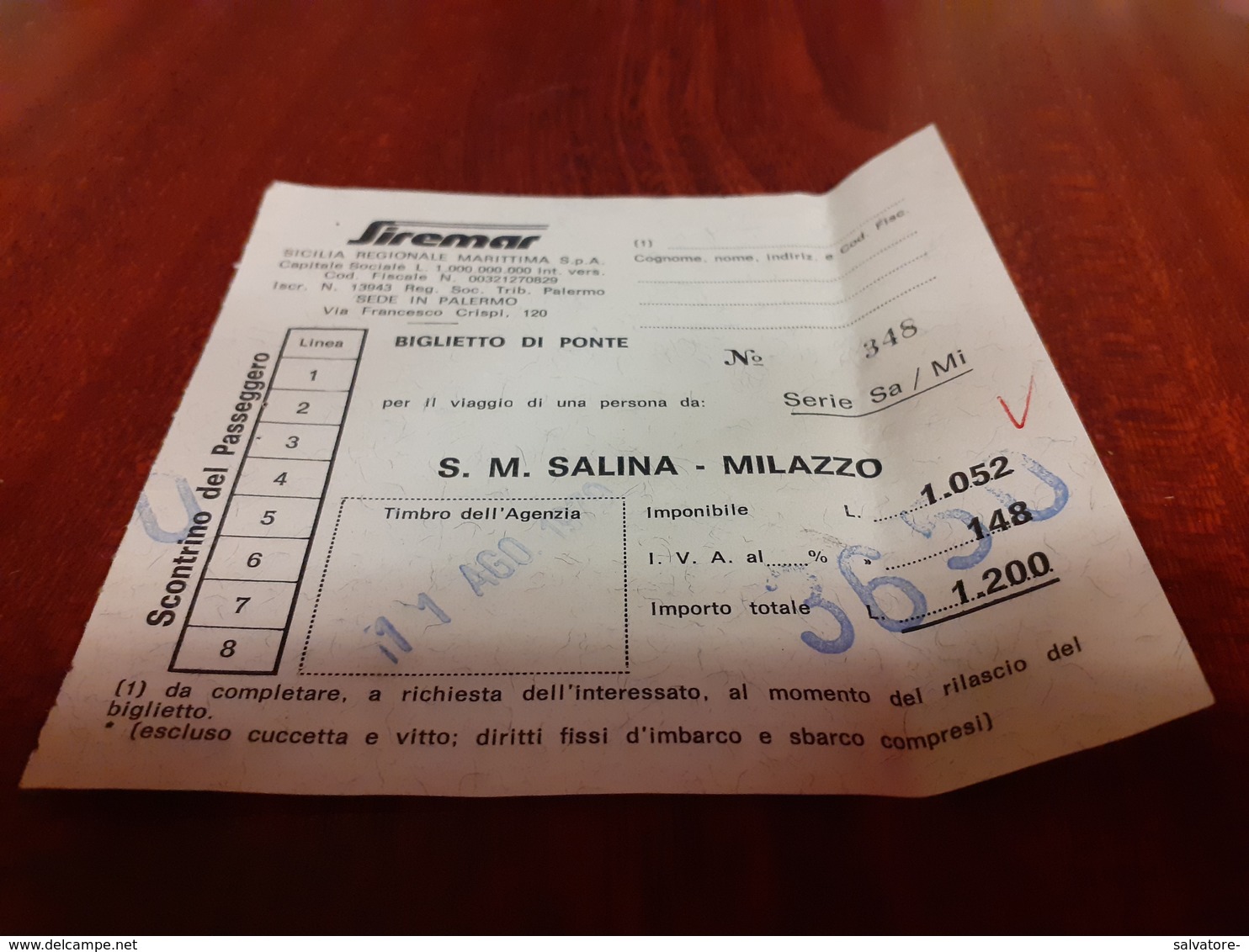 BIGLIETTO SIREMAR TRATTA S.M.SALINA- MILAZZO 1979 - Europa