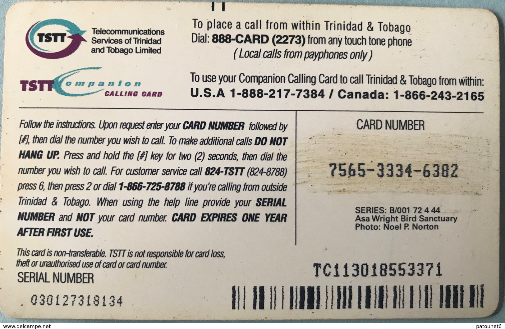 TRINITE & TOBAGO  -  Phonecard  - TSTT  -  Blue Bird  -  $ 10 - Trinidad & Tobago