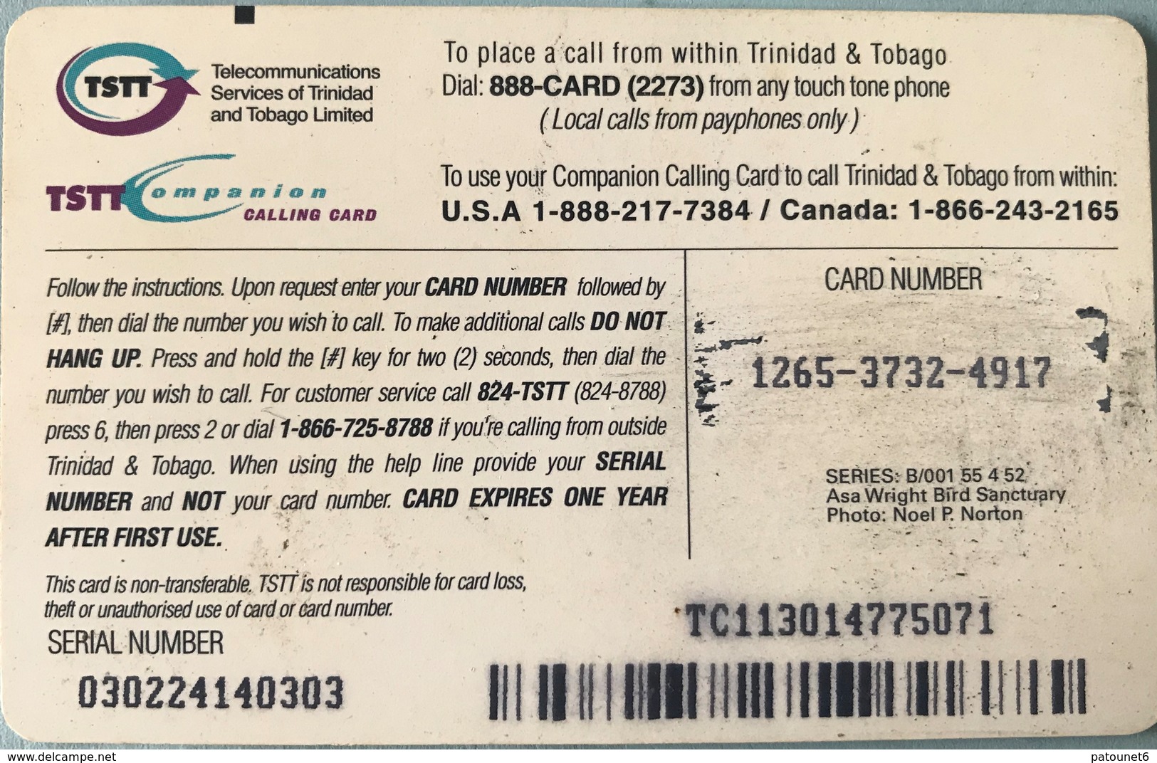 TRINITE & TOBAGO  -  Phonecard  - TSTT  -  Blue Bird  -  $ 10 - Trinidad & Tobago