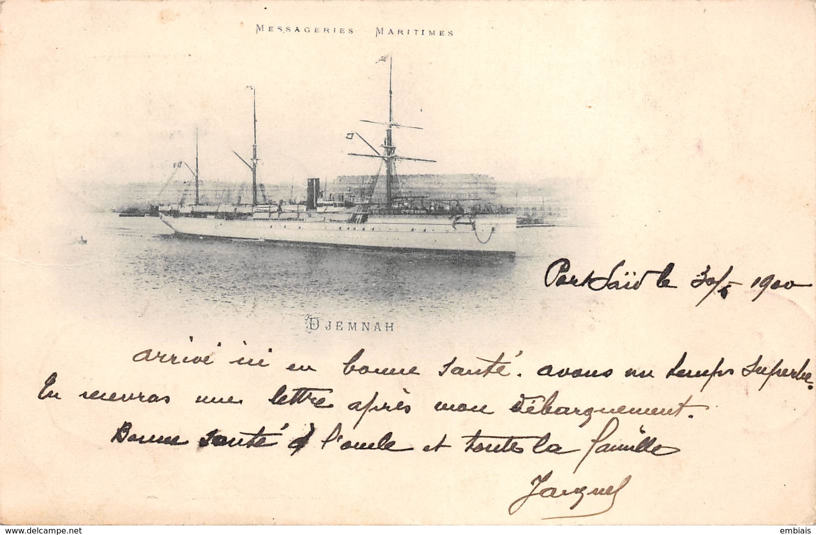 Messagerie Maritime Paquebot DJEMNAH - Cachet Poste Maritime Marseille à La Réunion L.V.n°3  De 1899 - Steamers