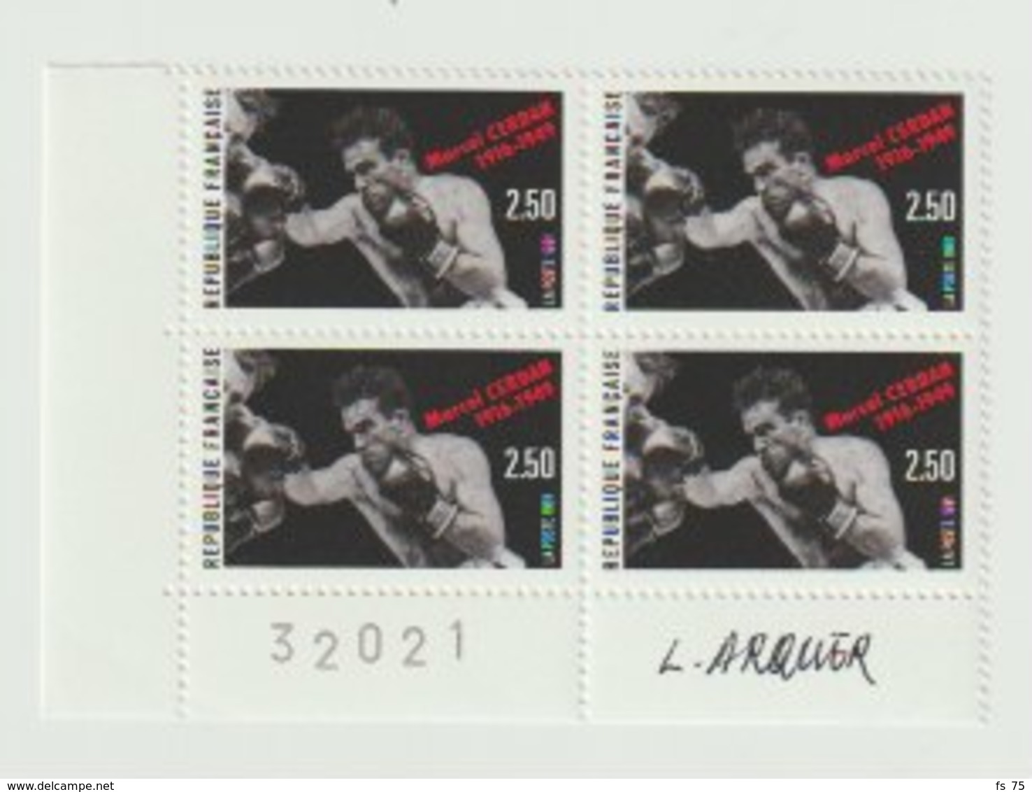 FRANCE - N°2729 - 75EME ANNIVERSAIRE DE LA NAISSANCE DE MARCEL CERDAN - BLOC DE 4 - SIGNE L. ARQUER - Unused Stamps