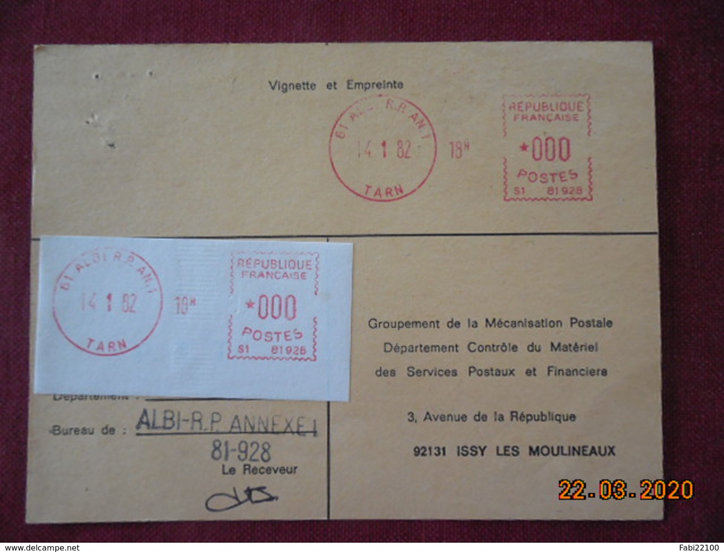 Carte De Contrôle Et D'entretien Des Machines SATAS De Albi RP Annexe 1 De 1982 - Cartas & Documentos