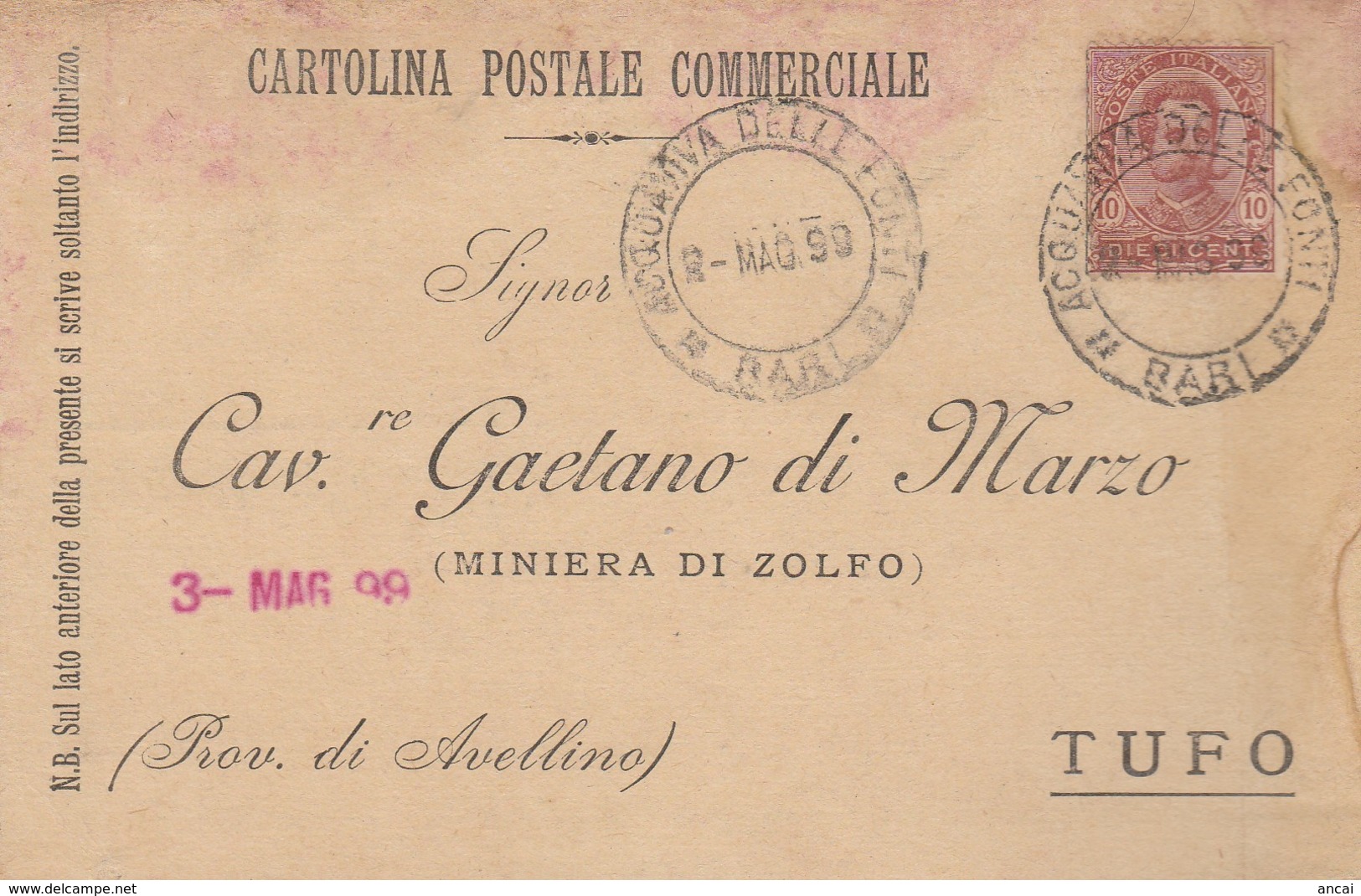 Acquaviva Delle Fonti. 1899. Annullo Guller ACQUAVIVA DELLE FONTI *BARI*, Su Cartolina Postale Commerciale - Storia Postale