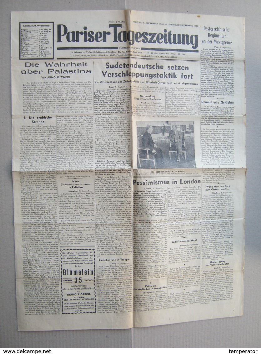 Pariser Tageszeitung, 1938. - Newspaper : Judaica, Jewish, Palastina Chronik, Keren Hajessod Konferenz ... - Judentum