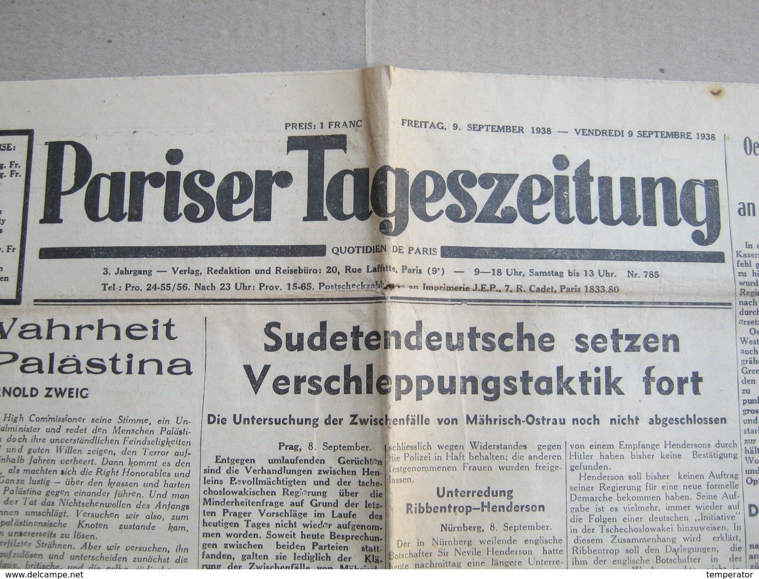 Pariser Tageszeitung, 1938. - Newspaper : Judaica, Jewish, Palastina Chronik, Keren Hajessod Konferenz ... - Jodendom