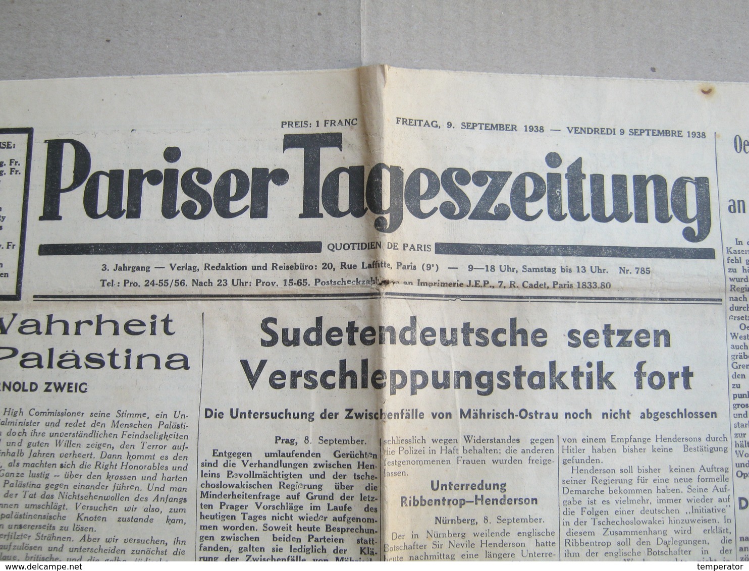 Pariser Tageszeitung, 1938. - Newspaper : Judaica, Jewish, Palastina Chronik, Keren Hajessod Konferenz ... - Judentum