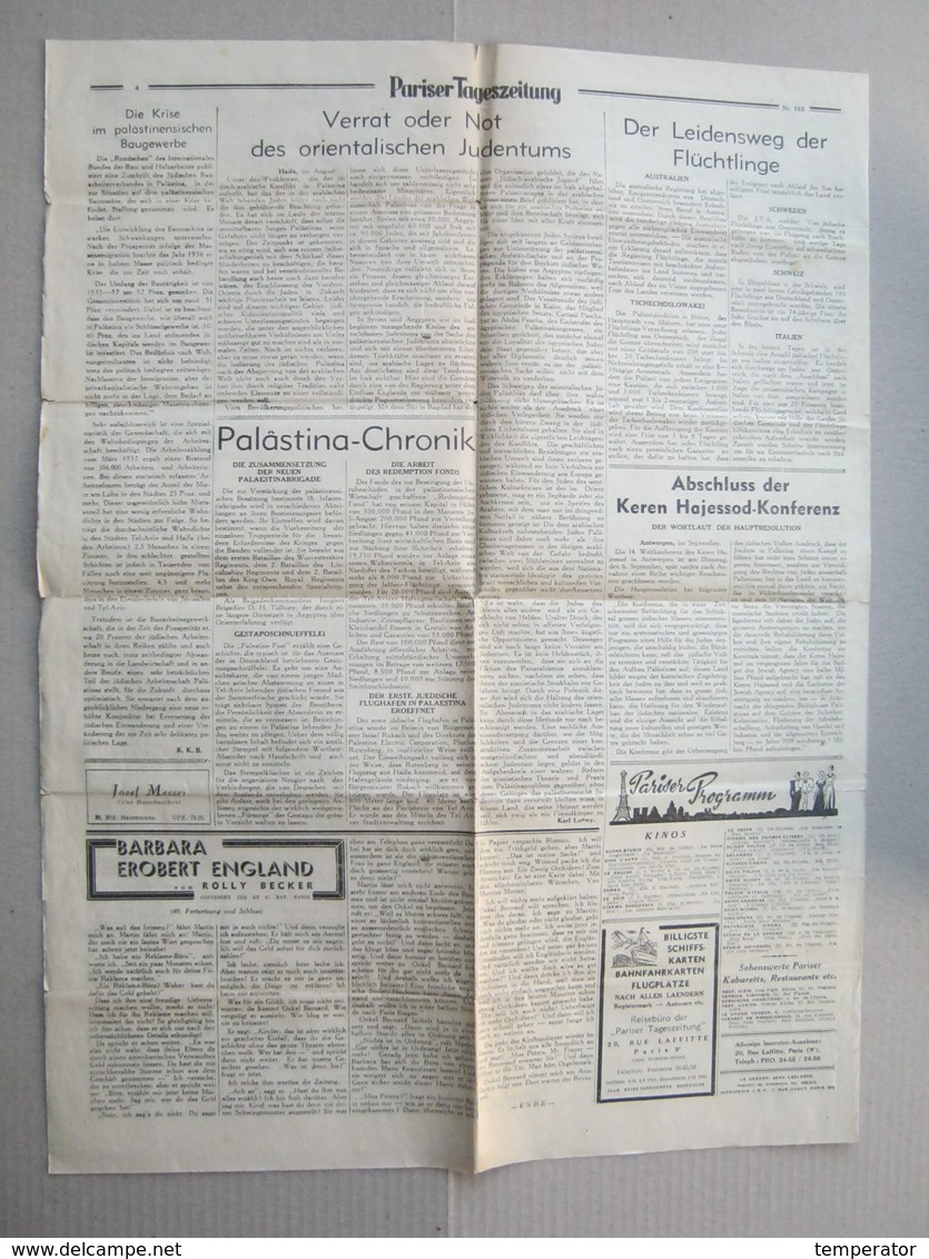 Pariser Tageszeitung, 1938. - Newspaper : Judaica, Jewish, Palastina Chronik, Keren Hajessod Konferenz ...