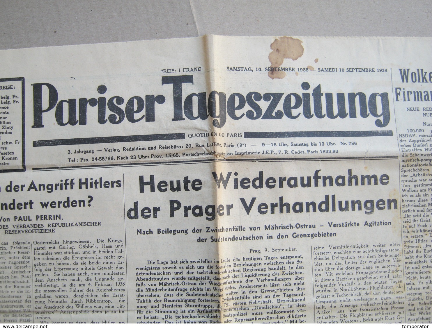 Pariser Tageszeitung, 1938. - Newspaper : Judaica, Jewish, Hitler, Deutschen, Italien, England, Amerika ... - Policía & Militar