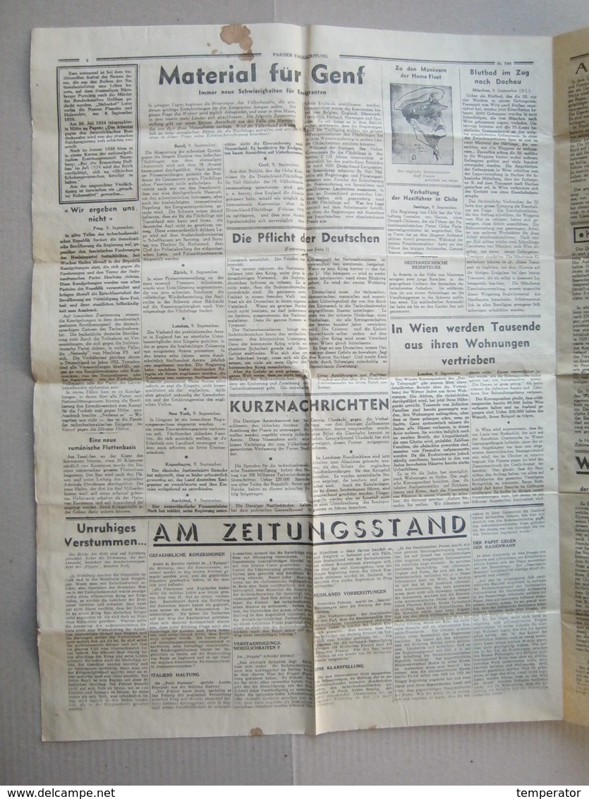 Pariser Tageszeitung, 1938. - Newspaper : Judaica, Jewish, Hitler, Deutschen, Italien, England, Amerika ... - Policía & Militar