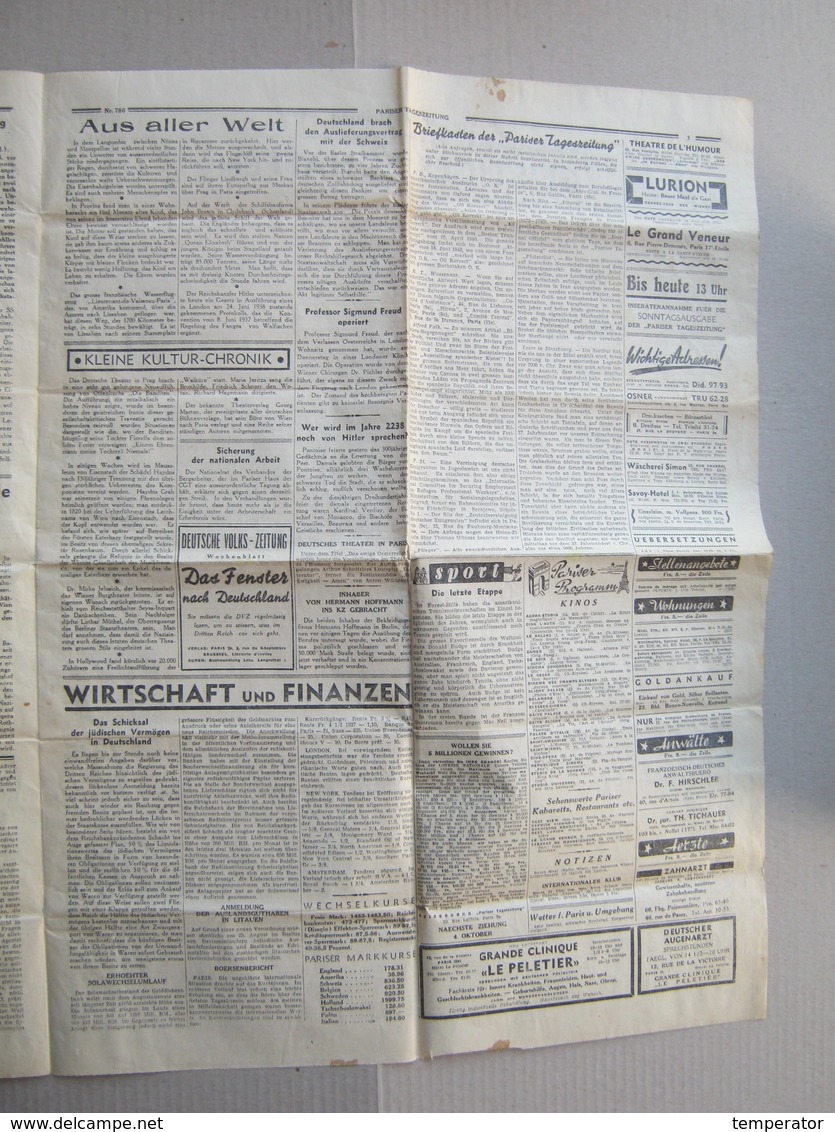 Pariser Tageszeitung, 1938. - Newspaper : Judaica, Jewish, Hitler, Deutschen, Italien, England, Amerika ... - Police & Military