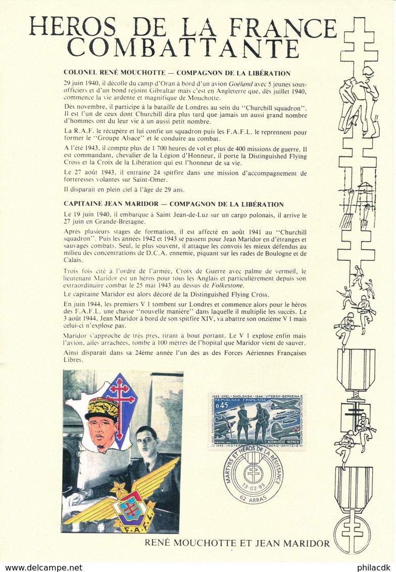 FRANCE - BELLE COLLECTION DE 34 DOCUMENTS HEROS DE LA FRANCE COMBATTANTE AVEC TIMBRES OU VIGNETTES OBLITERES