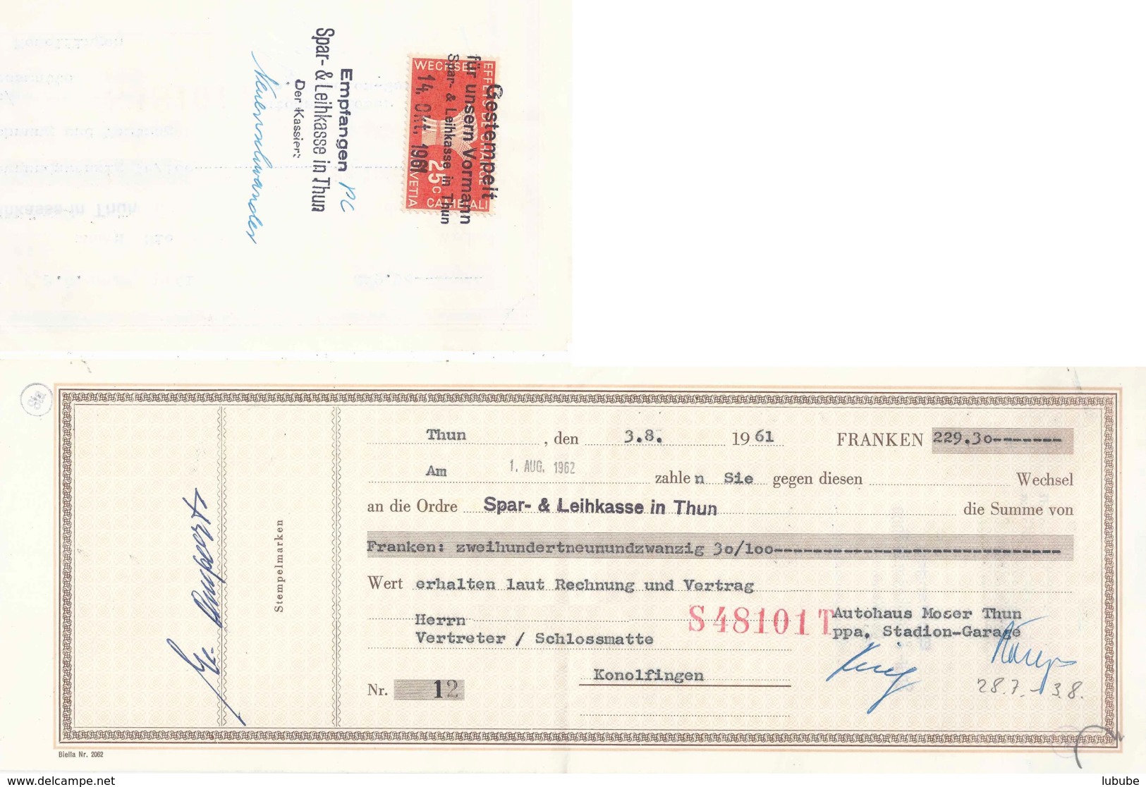 Wechsel  "Spar- & Leihkasse Thun"           1961 - Altri & Non Classificati