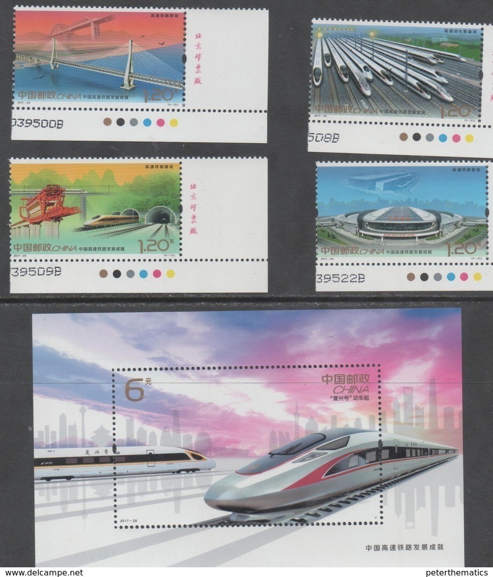 CHINA, 2017, MNH, HIGH SPEED RAILWAY, TRAINS, BRIDGES,4v+S/SHEET - Trains