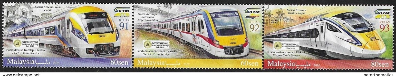 MALAYSIA, 2018, MNH, TRAINS, OVERPRINTED WITH INTERNATIONAL BANKNOTE AND STAMP FAIR OVERPRINT, 3v - Trains