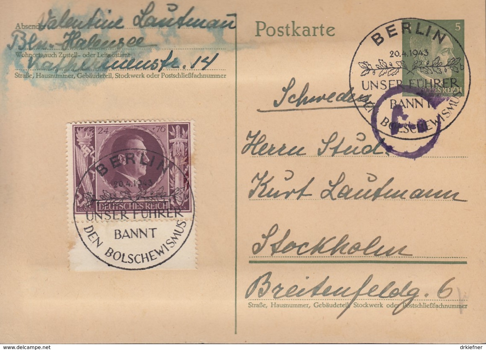 DR P 298 I Mit ZFr. 848, Mit SoSt: Berlin ...bannt Den Bolschewismus 20.4.1943 - Briefe U. Dokumente