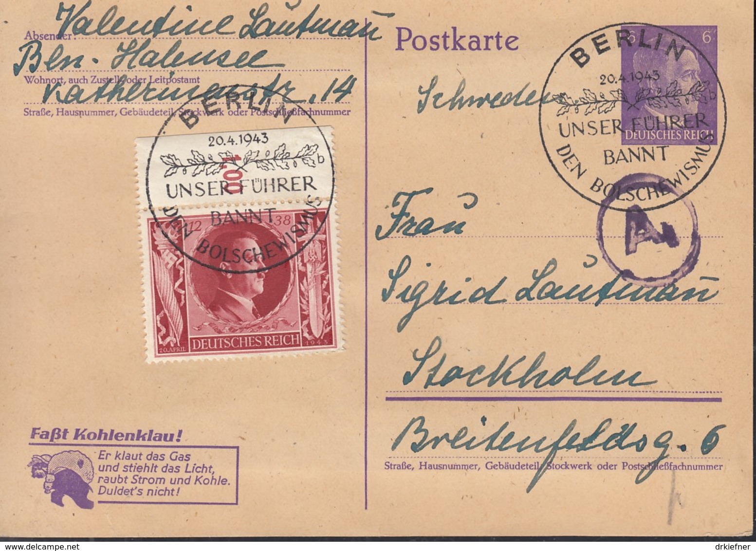 DR P 312 A/02 Mit ZFr. 847, Mit SoSt: Berlin ...bannt Den Bolschewismus 20.4.1943 - Briefe U. Dokumente