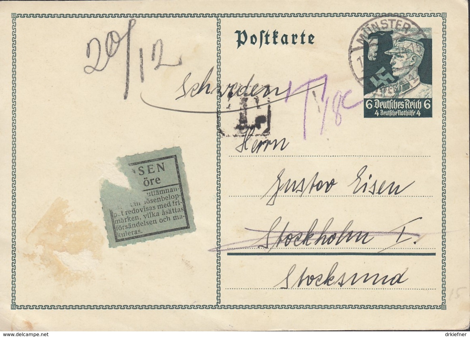 DR P 253, Ins Ausland (Schweden) Mit Nachporto, Mit St: Münster 17.12.1934 - Briefe U. Dokumente