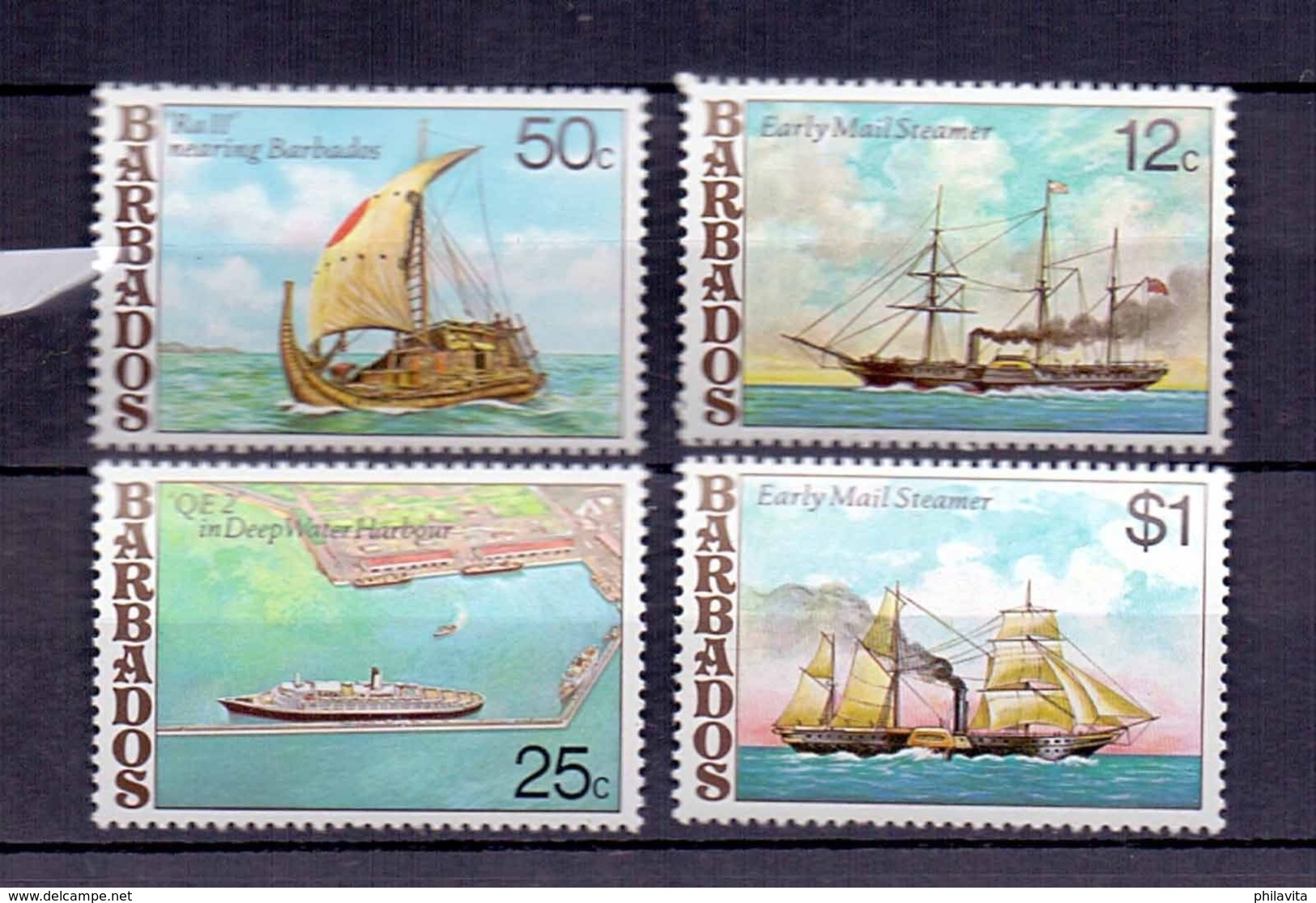 1979 Barbados Ships MNH** MiNr. 456 - 459 Postship Forth, Queen Elithabeth II Cruise Liner, Ra II - Schiffe