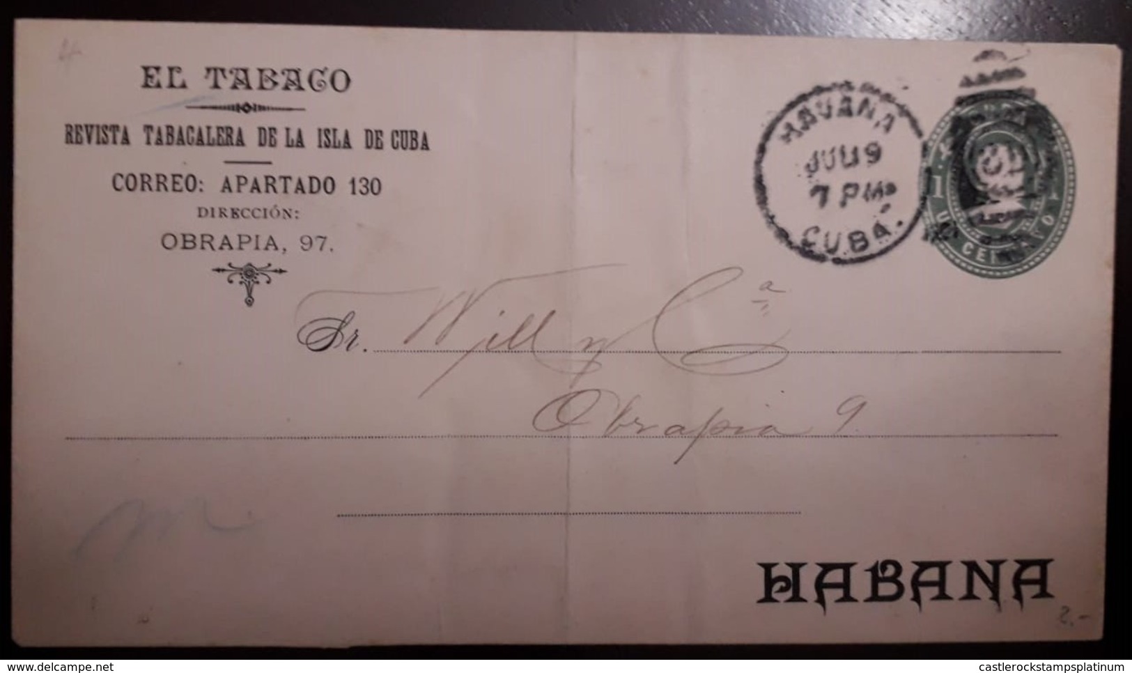 O) 1900 CUBA - CARIBBEAN, POSTAL STATIONERY COLON 1c Green, EL TABACO - TOBACCO, FROM OBRAPIA, XF - Briefe U. Dokumente