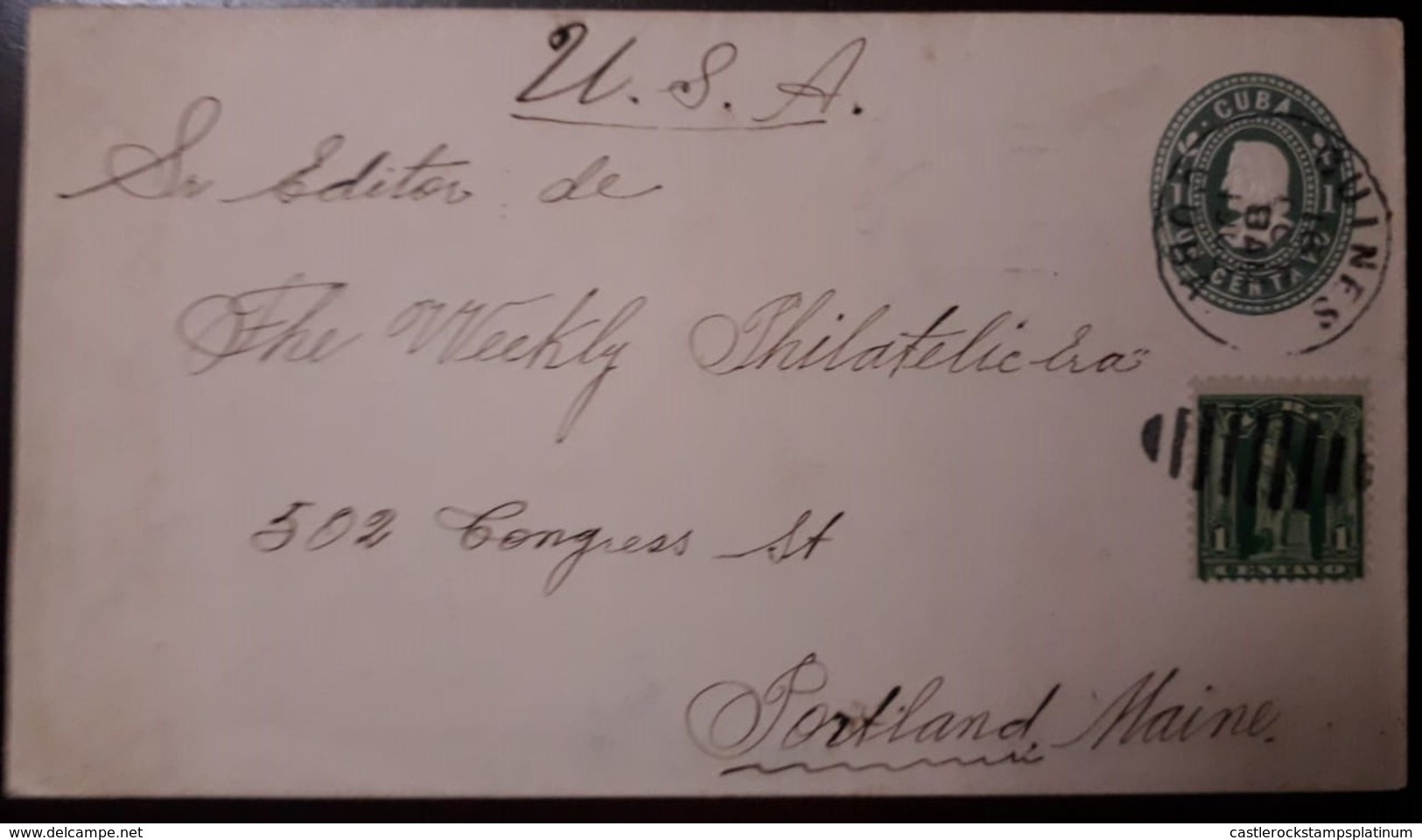 O) 1901 CUBA - SPANISH ANTILLES, COLUMBUS SC 227 1c Green, FROM GUINES TO  PORTLAND MAINE, POSTAL STATIONERY, XF - Covers & Documents