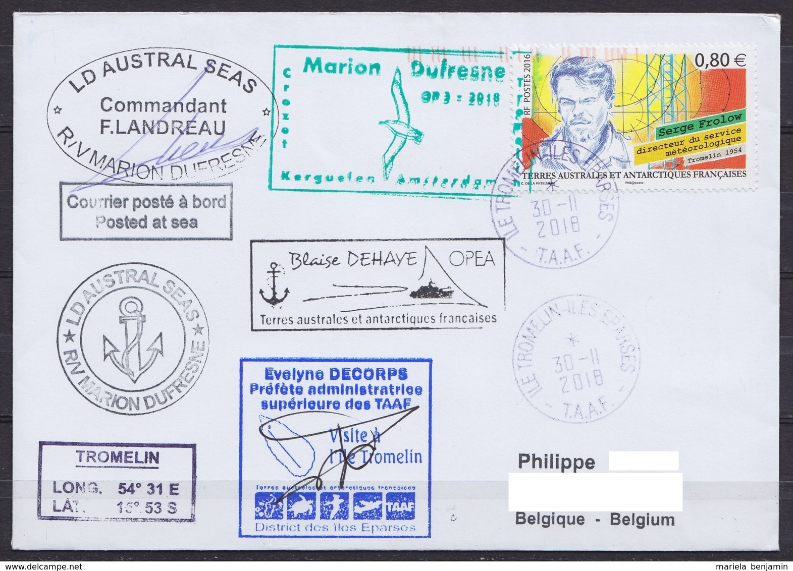 TAAF - Iles Eparses - Bateau MARION DUFRESNE OP3-2018 - Cachet Et Sign. Préfète En Viste à Tromelin - Obl Tromelin 30-11 - Lettres & Documents