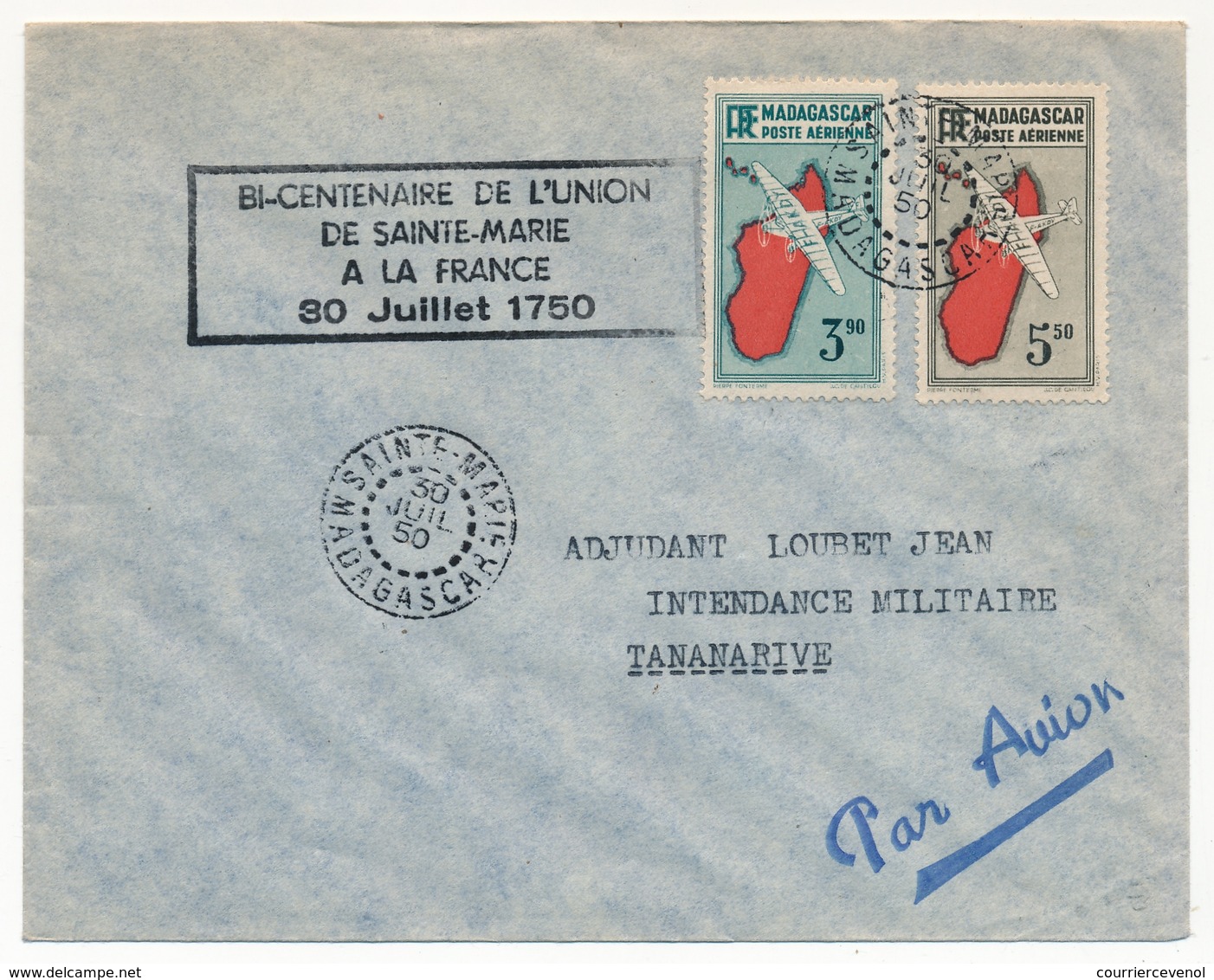 MADAGASCAR - Env. Affr. Comp. Cachet Sainte-Marie Madagascar 30/7/1950 + Bi-centenaire De L'Union..à La France 30/7/1750 - Cartas & Documentos