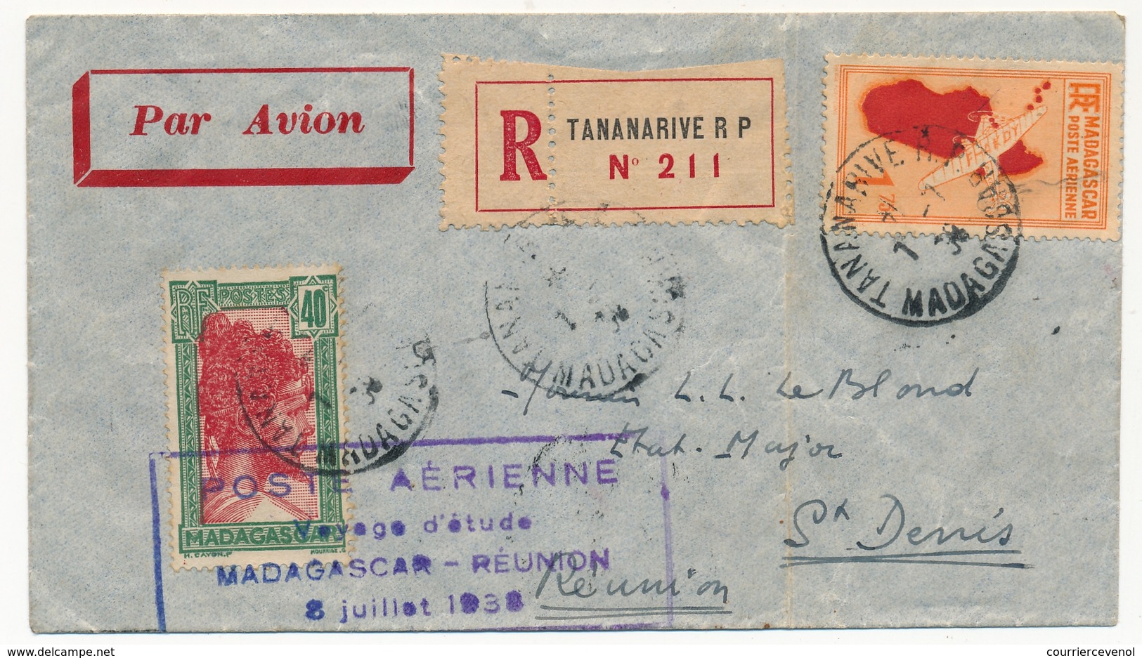 MADAGASCAR - Env. Rec Cachet Tananarive 1938 + Poste Aérienne Voyage D'Etude Madagascar Réunion 8/7/1938 - Lettres & Documents