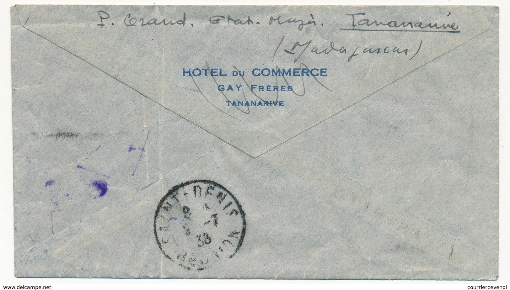 MADAGASCAR - Env. Rec Cachet Tananarive 1938 + Poste Aérienne Voyage D'Etude Madagascar Réunion 8/7/1938 - Storia Postale